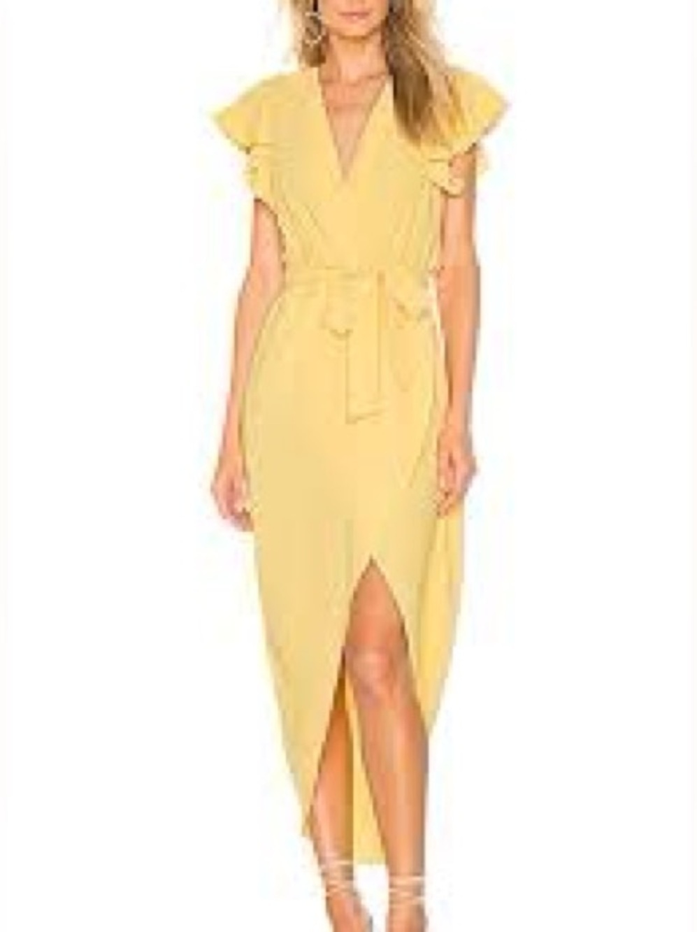 Amanda Uprichard Martinique Yellow Wrap Dress With Flutter Sleeves and Tie Waist